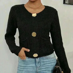 Black Casual Women's Crew Neck Front Button Up Long Sleeve Cardigan